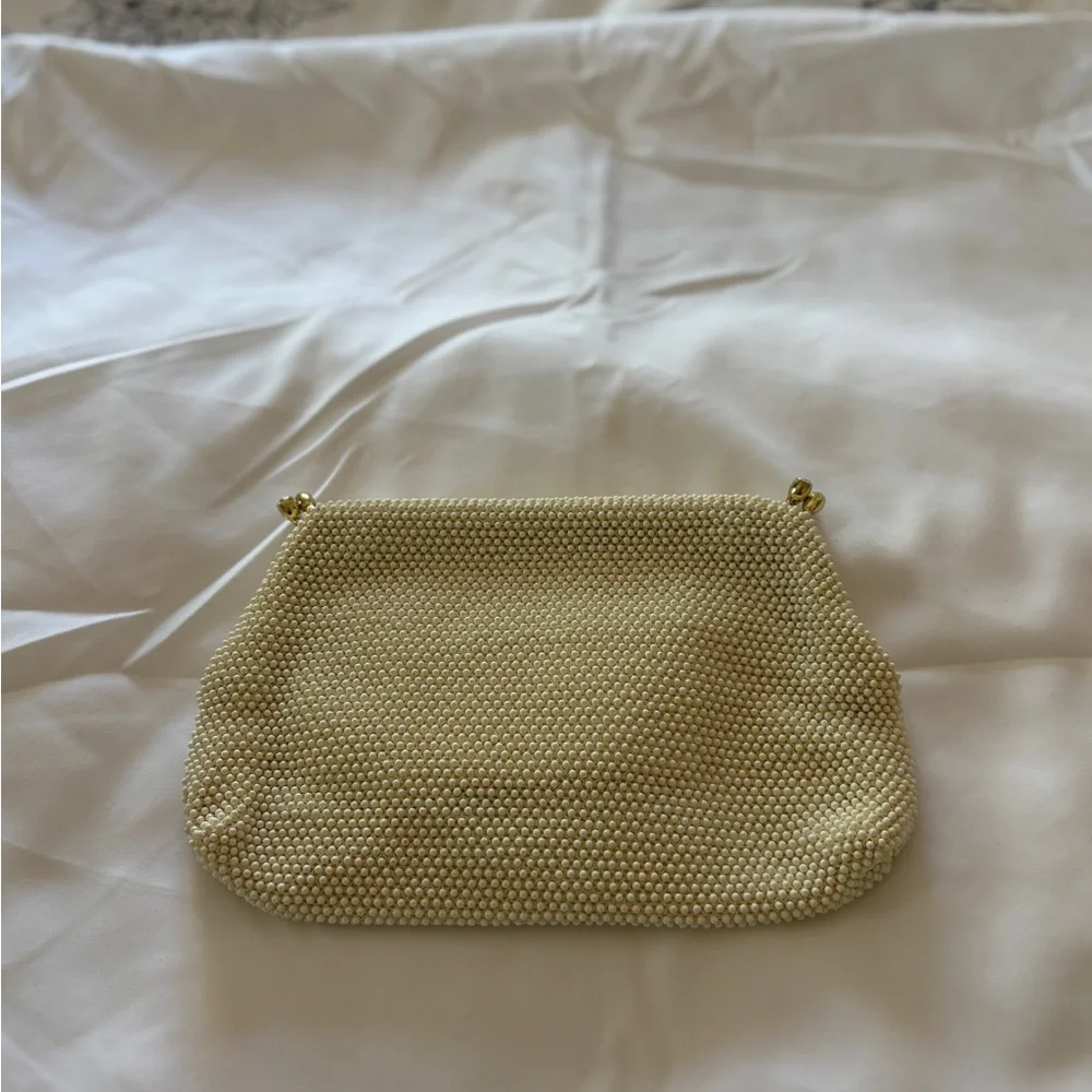 Vintage Lemured Petite Cream Clutch Beaded Bag And Mirror Purse‎